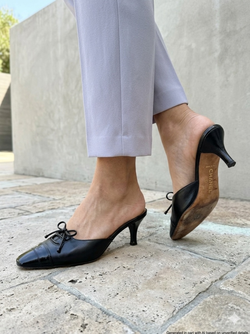 CHANEL VTG Archival Black Lagerfeld CC Bow Patent Cap Toe Mule Kitten Heel 38.5